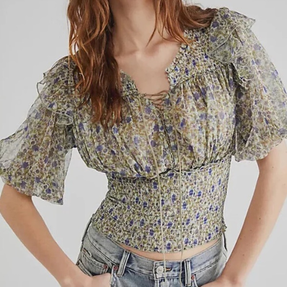 Free People Beatrice Floral Smocked Waist Top Size Small